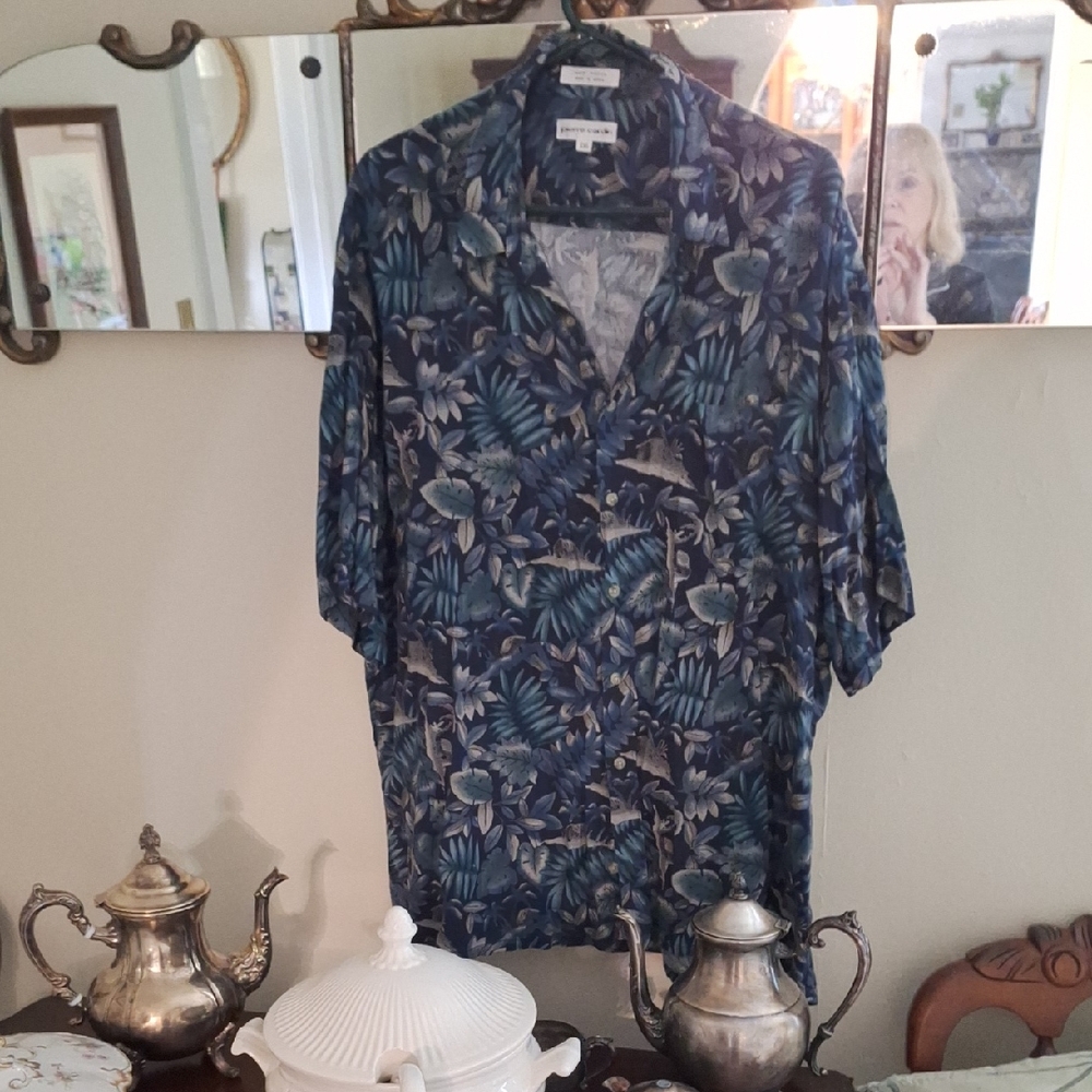 Pierre Cardin Navy Blue Tropical Print Short-Sleeve Button-Down Shirt
